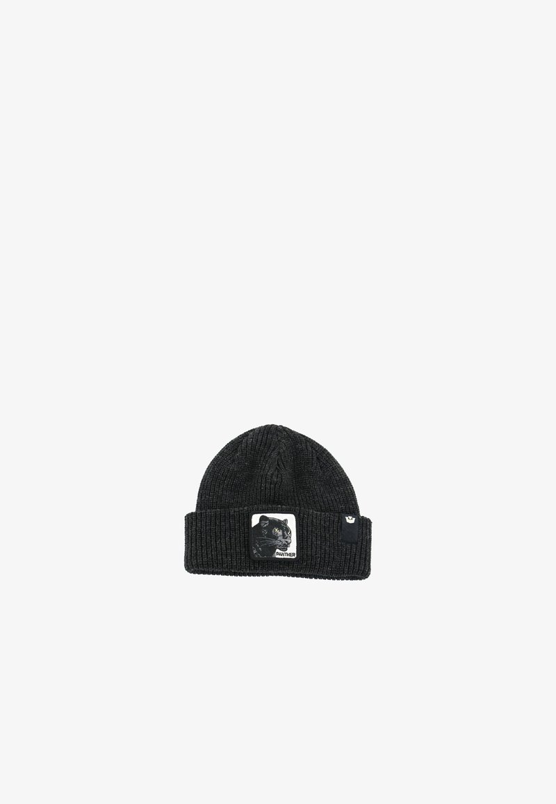 Bonnet noir en maille côtelée avec un revers, un écusson représentant une panthère et une petite étiquette avec logo.