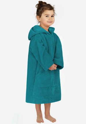Teal hooded robe made of soft terry fabric, featuring long sleeves, a front pocket, and a rounded hem. Suitable for children.