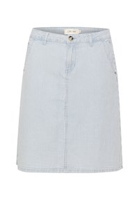 Gonna di jeans a righe blu e bianche con taglio dritto, tasche frontali, chiusura a bottoni e vita a media altezza.