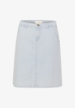 Fustă din denim în dungi albastre și albe, cu croială dreaptă, buzunare frontale, închidere cu nasture și talie de înălțime medie.
