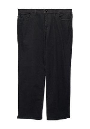 Black denim pants with a straight-leg design, five-pocket style, and a button closure. Material has a smooth texture and solid color.