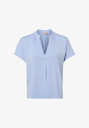 Lichtblauw blouse met korte mouwen, een mandarijnkraag, V-hals en subtiele geplooide plooien op de schouders.