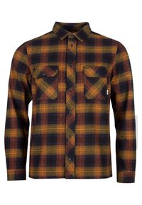 Camisa de franela a cuadros en azul oscuro, naranja y amarillo. Cuenta con cuello abotonado, dos bolsillos delanteros y mangas largas con puños abotonados.