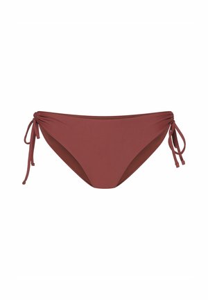 Bikini w kolorze rdzy z wiązaniami po bokach, wykonany z gładkiego materiału. Charakteryzuje się średnim stanem i minimalistycznym krojem.