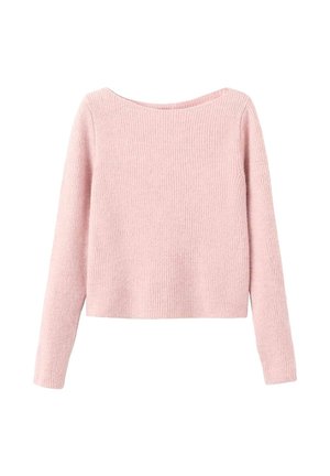 Suéter de punto de manga larga en suave tono rosa, con un escote redondo amplio y textura acanalada, mostrado plano sobre un fondo blanco.