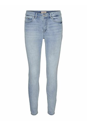 Világoskék skinny farmernadrág sima felülettel, öt zsebes dizájnnal és fémből készült gombzárással. Finom kopásokkal rendelkezik.