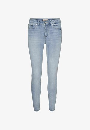 Világoskék skinny farmernadrág sima felülettel, öt zsebes dizájnnal és fémből készült gombzárással. Finom kopásokkal rendelkezik.