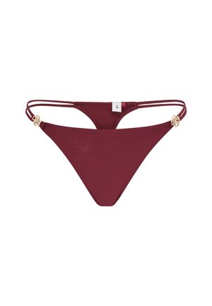 Bordeaux bikini onderkant met dunne zijbanden en gouden versieringen; gladde textuur en minimalistische dekking ontwerp. Maat S-label bevestigd.