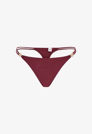 Burgunderfarbene Bikinihose mit dünnen Seitenbändern und goldfarbenen Verzierungen; glatte Textur und minimales Deckungsdesign. Größe S Etikett angebracht.