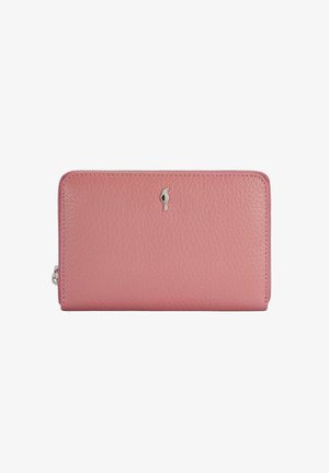 Różowy portfel ze skóry o fakturowanym wykończeniu i srebrnym metalowym okuciem. Z przodu logo i zamknięcie na zamek błyskawiczny wzdłuż krawędzi.
