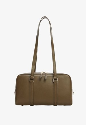 Olivově zelená kabelka z hladké umělé kůže, s dvojitými rukojeťmi, dvěma zipovými přihrádkami a dvěma bočními popruhy se stříbrnými kovovými detaily.