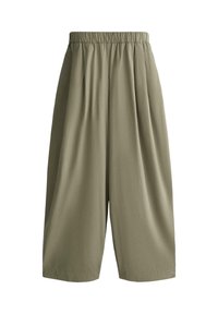 Olivgrüne, weit geschnittene, gekürzte Hose mit elastischem Bund und dezenten Falten vorne.
