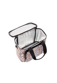 Izolowana torba na lunch z wzorzystym zewnętrzem w pastelowych kolorach, z srebrną podszewką, czarnym zamkiem błyskawicznym i podwójnymi uchwytami.