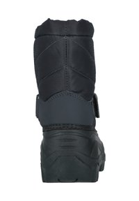 Botte d'hiver noire avec un dessus résistant à l'eau, une semelle en caoutchouc, un collier rembourré, une sangle réglable et des détails cousus.