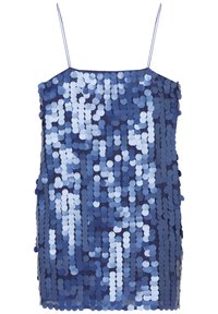 Haut en sequins présentant différentes nuances de bleu, forme carrée, fines bretelles et texture lisse avec une finition brillante.