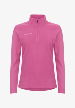Różowy polarowy pulower z kołnierzem na kwartalne zamek błyskawiczny, długimi rękawami i gładką fakturą. Posiada subtelne logo na klatce piersiowej.