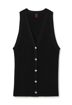 Schwarze ärmellose Weste aus geripptem Strickstoff mit V-Ausschnitt und fünf silbernen Knöpfen auf der Vorderseite. Strukturierte Details im gesamten Kleidungsstück.