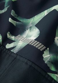 Mustast kangast koosnev roheline kamuflaaži muster, millel on täpilised tekstuurid ja hõbedased lineaarjahvtid. Servas on õmbluse detailid.