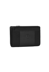 Cartera de cuero negro con un diseño elegante que incluye múltiples ranuras para tarjetas, un panel frontal texturizado y un detalle de marca en relieve en la parte trasera.