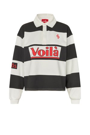 Langermet rugby-skjorte med brede svarte og hvite horisontale striper, hvit krage og rød "Voilà"-logo på brystet og ermen.