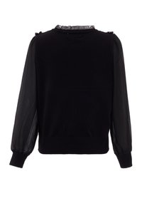 Maglione nero con maniche a palloncino trasparenti, polsini a coste e dettagli arricciati nel collo. Tessuto morbido con una vestibilità aderente.