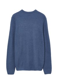 Pullover blu in maglia waffle con maniche lunghe e scollatura rotonda. Presenta una superficie testurizzata e polsini e orlo a costine.