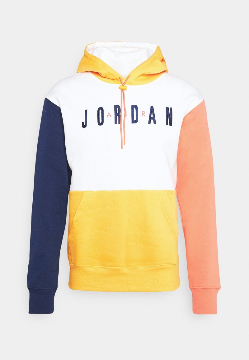 Sudadera con capucha en blanco, azul marino, amarillo y coral. Cuenta con un bolsillo frontal, capucha con cordón y el logo "JORDAN" en el pecho.