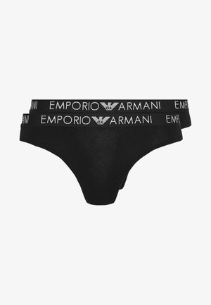 Svart bikinitruse med en glatt tekstur, med et bredt elastisk midjebånd merket "Emporio Armani" i hvitt.