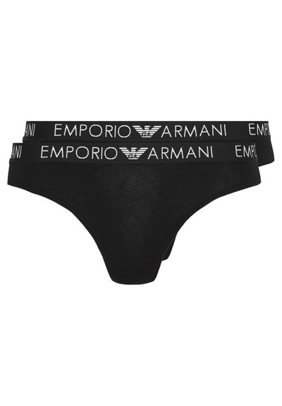 Culotte de bikini noire avec une texture lisse, dotée d'une large ceinture élastique portant l'inscription "Emporio Armani" en blanc.