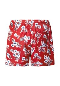 Short de bain rouge avec un motif floral, comprenant des fleurs d'hibiscus bleues et blanches accompagnées de feuilles vertes. Taille élastique avec une poche à l'arrière.