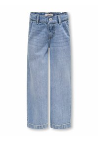 Gai zilā džinsu bikses ar platu kāju dizainu, kurām ir pogu aizdare, piecas kabatas un viegla izbalēšana gar kājām.