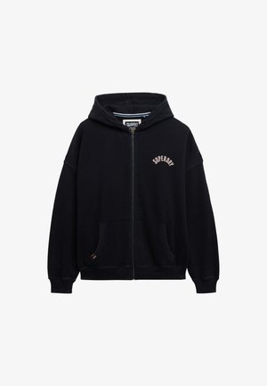 Sort zip-up hoodie fremstillet af blødt stof, med en front kanguru lomme, snøret hætte og "SUPERDRY" logo i buet broderi.