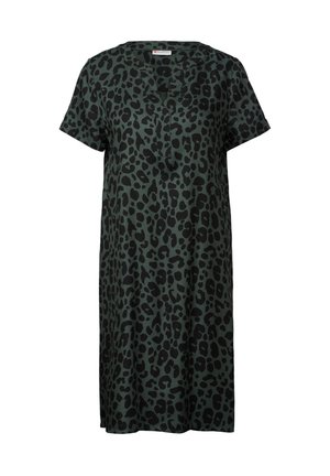 Green short-sleeve dress with a leopard print pattern, featuring a V-neckline and a loose fit that falls below the knees.