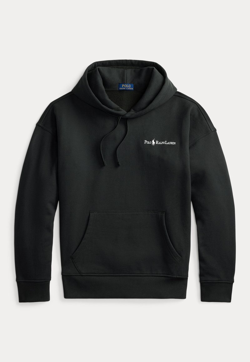 Schwarzer Baumwoll-Hoodie mit Kängurutasche, gerippten Bündchen und Saum. Mit einem Logo auf der Brust und einer Kapuze mit Kordelzug. Klassisches, lässiges Design.
