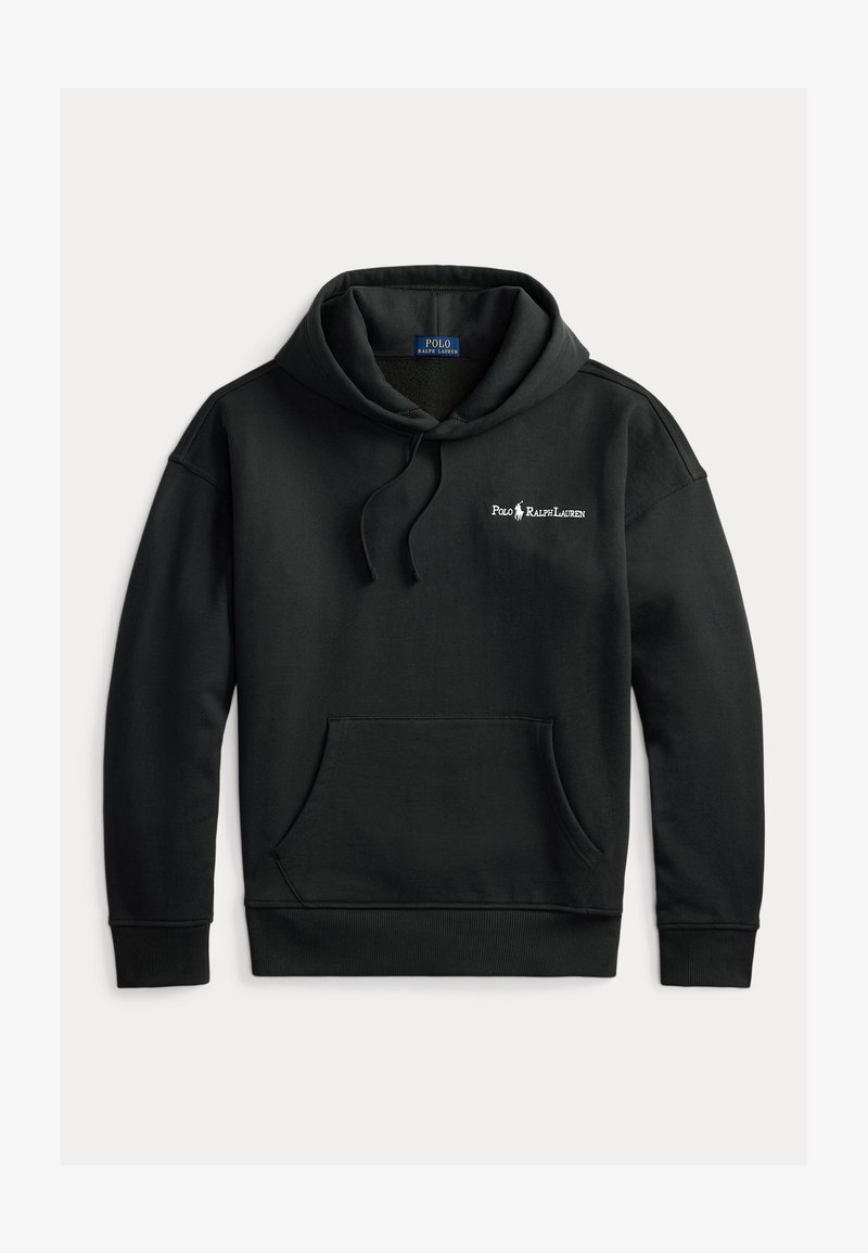 Schwarzer Baumwoll-Hoodie mit Kängurutasche, gerippten Bündchen und Saum. Mit einem Logo auf der Brust und einer Kapuze mit Kordelzug. Klassisches, lässiges Design.