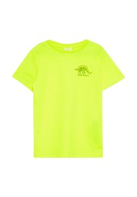 Neon groene katoenen t-shirt met korte mouwen en een ronde hals. Inclusief een bedrukt dinosaurusgrafiek met de tekst "DINO TEAM UP" aan de voorkant.