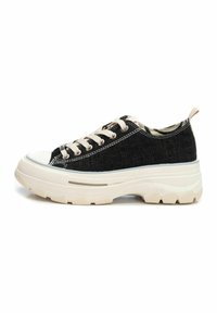 Zapatillas de denim negro con una suela blanca gruesa, que cuentan con cordones y costuras en color beige, y un acabado texturizado en la parte superior. Detalladas con un forro de estampado.