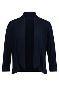 Marinblå lätt cardigan, öppen fram med draperad krage, långa ärmar och en mjuk yta, designad för en avslappnad passform.