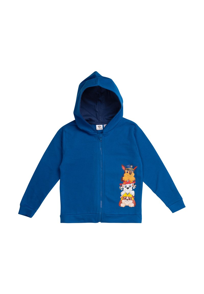Felpa blu con zip e tasca a marsupio, caratterizzata da una grafica a fumetti di animali impilati sul lato sinistro. Tessuto in cotone morbido, design con cappuccio.