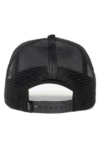 Cappellino da trucker in rete nera con chiusura a pressione in plastica. Presenta una corona strutturata e un design ventilato per favorire la traspirabilità.