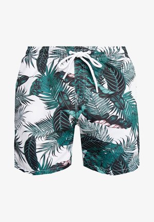 Herren-Schwimmshorts mit einem tropischen Blattmuster, überwiegend in Grün und Schwarz auf einem weißen Hintergrund, mit einem weißen Kordelzug.