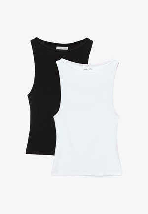 Deux débardeurs sans manches côtelés, un noir et un blanc, posés à plat avec le débardeur blanc recouvrant le noir.