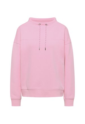 Roze sweatshirt met een hoge hals, trekkoord met metalen uiteinden, ribgebreide manchetten en een zachte textuur. Heeft een relaxte pasvorm en naaddetails.