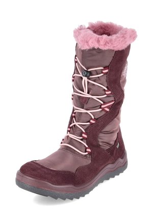Hoher Winterstiefel mit rosa Kunstpelzfutter, burgunderfarbigen Veloursleder- und Stoffpaneelen, pinken elastischen Schnürsenkeln und einer profilierten grauen Sohle.