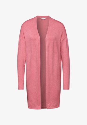 Lang cardigan i blødt pink stof, åbent frontdesign, sænkede skuldre og lange ærmer. Enkel, alsidig form med en blød tekstur.