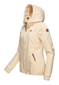 Light beige hooded jacket made of smooth, water-resistant fabric. Features zippered pockets and brown leather accents on the zippers.