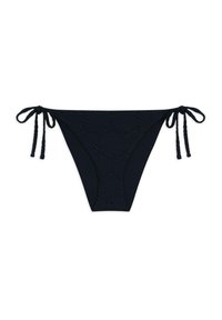 Navy-blaues Bikini-Unterteil mit strukturiertem Muschel-Muster, ausgestattet mit verstellbaren Bändern an jeder Seite und einem Standard-Schnitt. Glatte Stoffoberfläche.