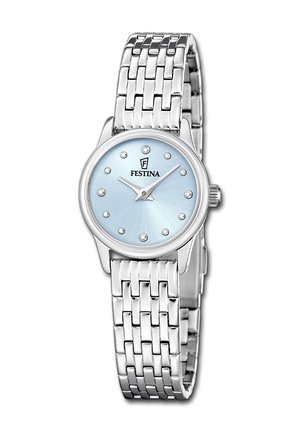Orologio da polso Festina in argento con quadrante azzurro chiaro, indici delle ore in cristallo, due lancette e cinturino in metallo a maglie.