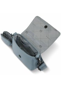 Borsa a tracolla in eco-pelle blu con chiusura a zip, due scomparti e una fodera interna a motivo che presenta il logo del marchio.