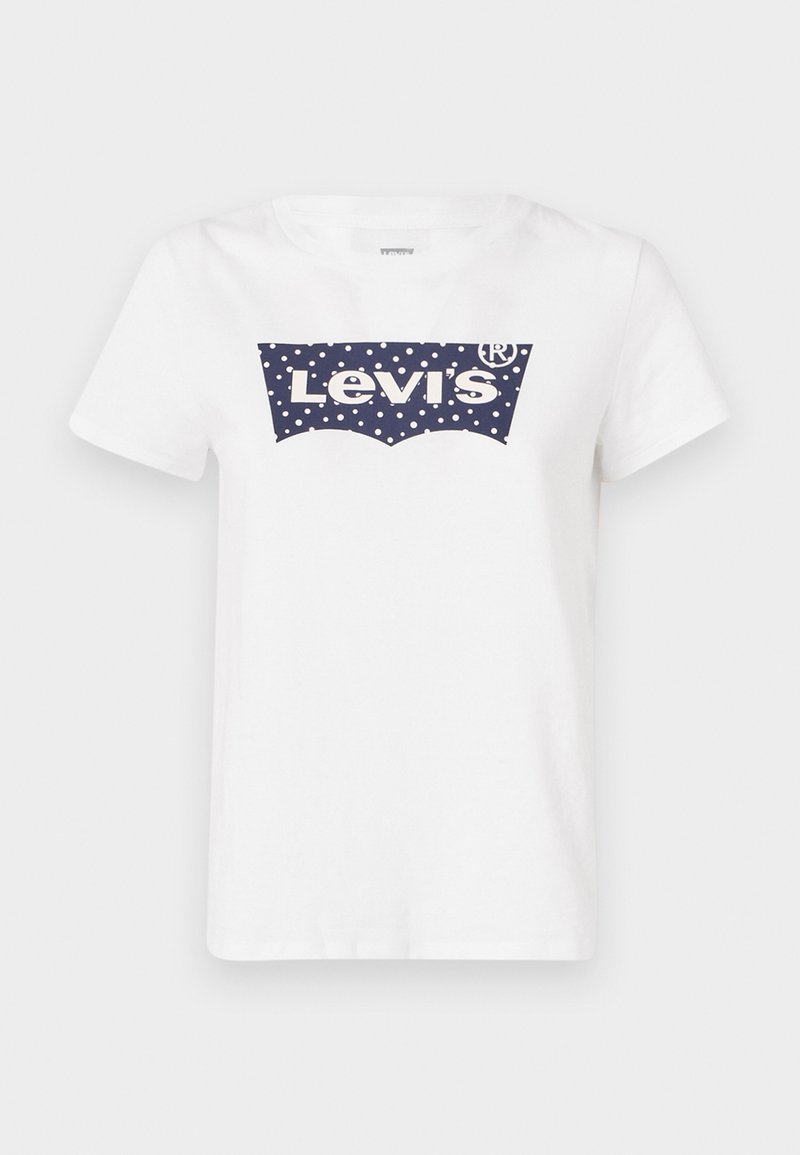 Camiseta de algodón blanca con un logo de Levi's de lunares azules en el centro. Cuello redondo clásico y mangas cortas.